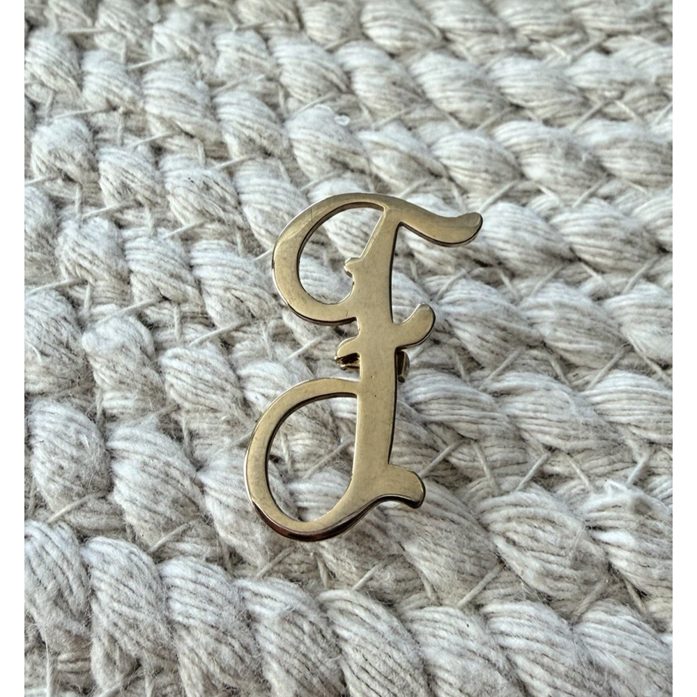 Vintage Letter F Script Monogram Pin Gold Tone Initial Brooch 1.25”